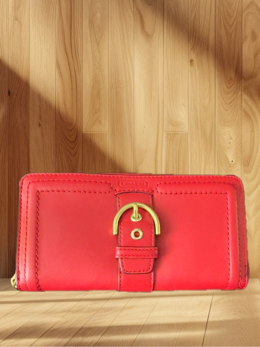 Coach F50011 Campbell Leather Buckle Accordion Zip Wallet Red